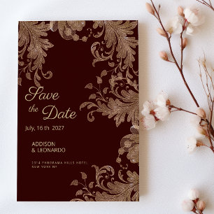 Burgundy gold floral luxury lace Save the Date Invitation