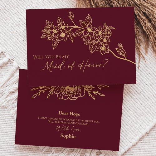 Burgundy Gold Floral Maid Of Honor Proposal Card