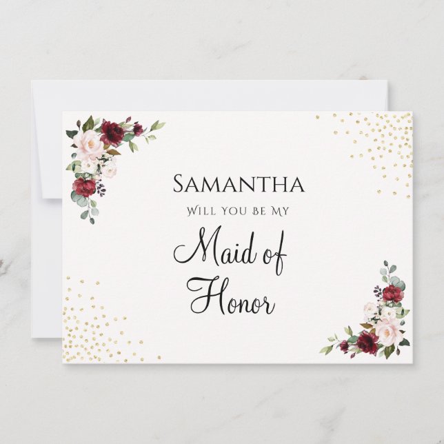 Burgundy Gold Floral Maid of Honor Proposal Card (Front)