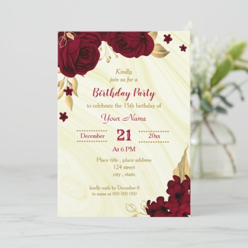 burgundy gold floral marble birthday party invitation