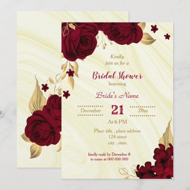 burgundy gold floral marble bridal shower  invitation (Front/Back)