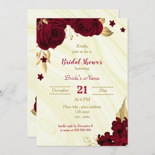 burgundy gold floral marble bridal shower  invitation