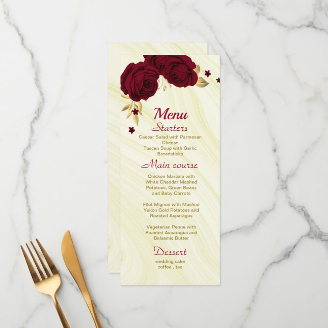 burgundy gold floral marble wedding menu (Front/Back In Situ)