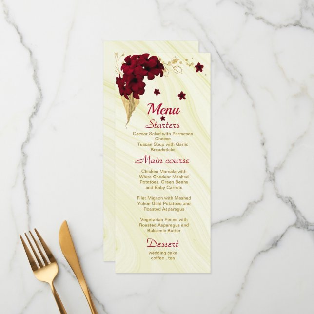 burgundy gold floral marble wedding menu (Front/Back In Situ)