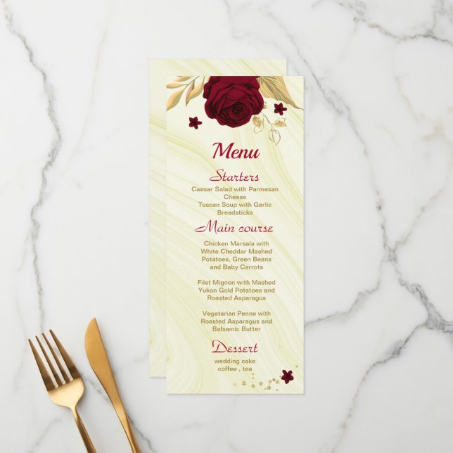 burgundy gold floral marble wedding menu (Front/Back In Situ)