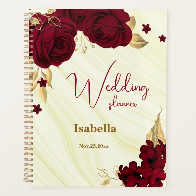 burgundy gold floral marble wedding planner (Front)