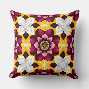 Burgundy Gold Floral Medallion Geometric Pattern Throw Pillow