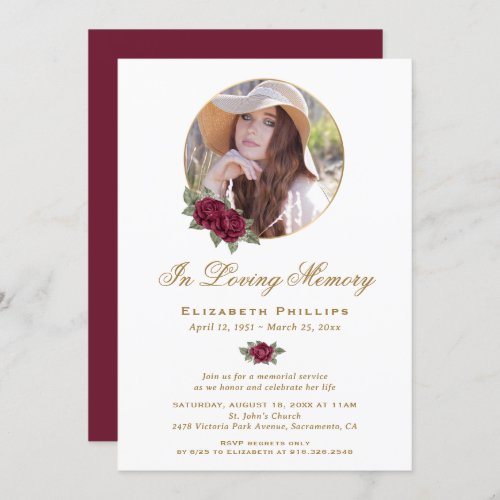 Burgundy Gold Floral Memorial Service Photo Invitation