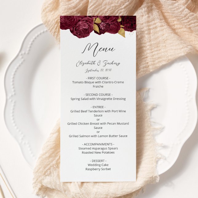 Burgundy Gold Floral Modern Script Wedding Menu (Creator Uploaded)