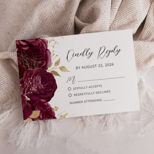 Burgundy Gold Floral Modern Script Wedding RSVP Card
