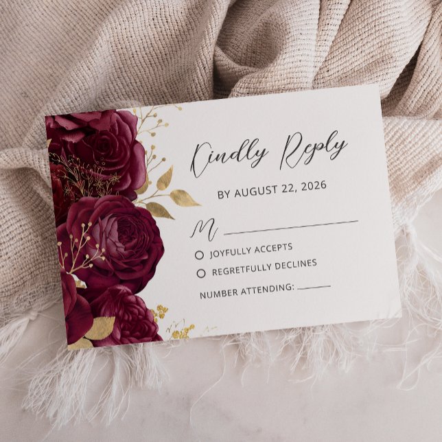 Burgundy Gold Floral Modern Script Wedding RSVP Card (Creator Uploaded)
