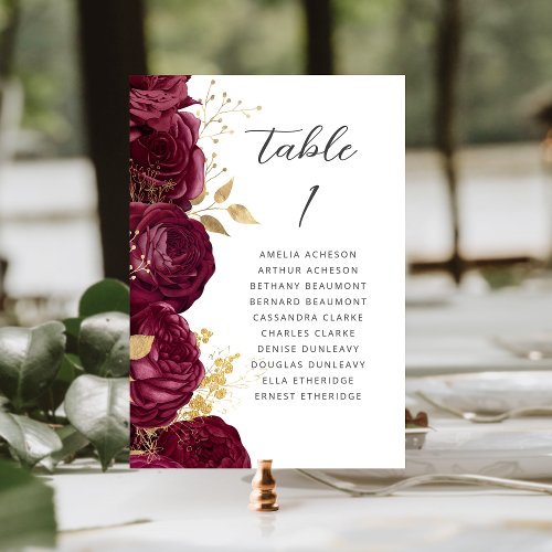 Burgundy Gold Floral Modern Script Wedding Table Number