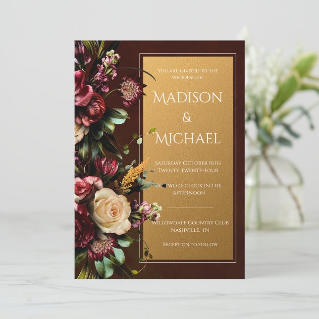 Burgundy & Gold Floral Modern Wedding Invitation (Standing Front)