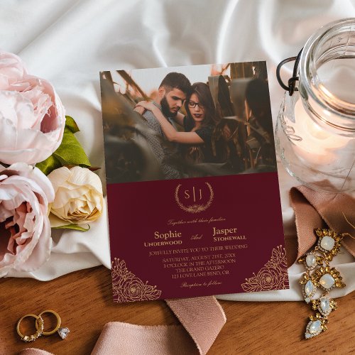 Burgundy Gold Floral Monogram Formal Photo Wedding Invitation
