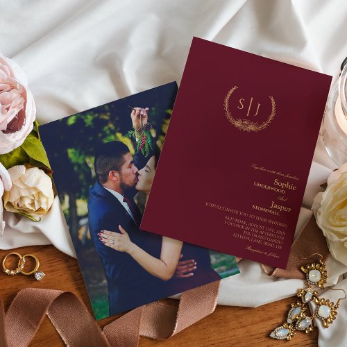 Burgundy Gold Floral Monogram Photo Wedding Invitation