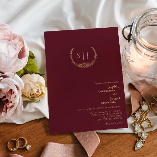 Burgundy Gold Floral Monogram Wedding Invitation