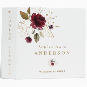 Burgundy Gold Floral Monogram Wedding Planner 3 Ring Binder