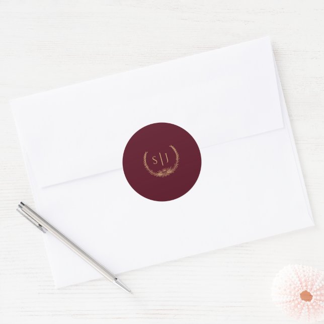 Burgundy Gold Floral Monogram Wedding Sticker (Envelope)