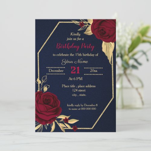 burgundy gold floral navy blue birthday party invitation