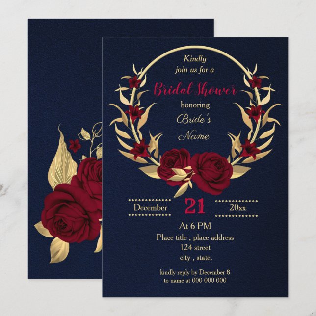 burgundy gold floral navy blue bridal shower invitation (Front/Back)