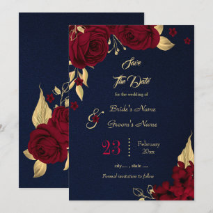 burgundy & gold floral navy blue save the date