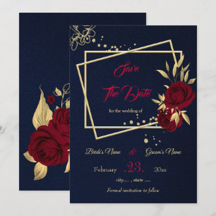 burgundy & gold floral navy blue save the date