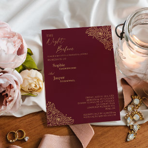 Burgundy Gold Floral Night Before Rehearsal Dinner Invitation
