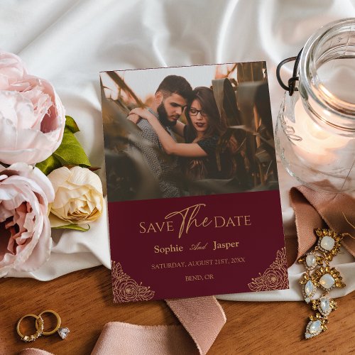Burgundy Gold Floral Photo Save The Date Card