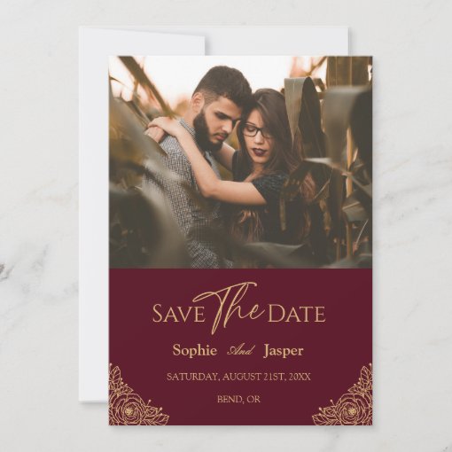 Burgundy Gold Floral Photo Save The Date Card | Zazzle