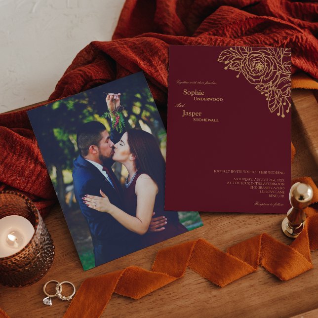 Burgundy Gold Floral Photo Wedding Invitation (Creator Uploaded)