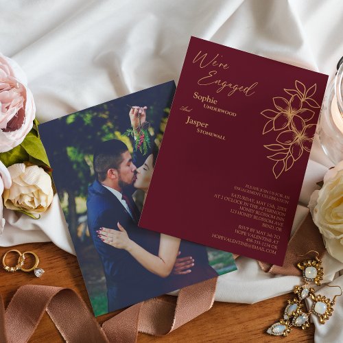 Burgundy Gold Floral Photo Were Engaged Invitation