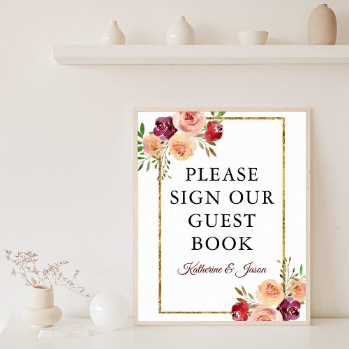 Burgundy Gold Floral Please Sign Our Guest Book