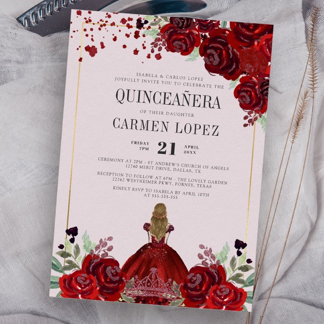 Burgundy Gold Floral Princess Birthday Quinceanera Invitation (Creator Uploaded)