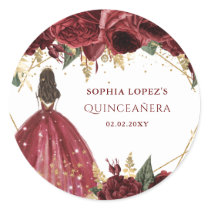 Burgundy Gold Floral Princess Quinceanera   Classic Round Sticker