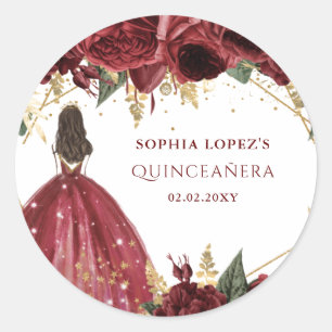 Burgundy Gold Floral Princess Quinceanera   Classic Round Sticker