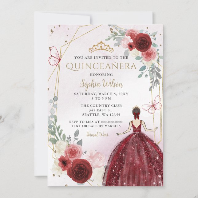 Burgundy Gold Floral Princess Quinceañera  Invitation (Front)
