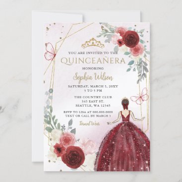 Burgundy Gold Floral Princess Quinceañera  Invitation