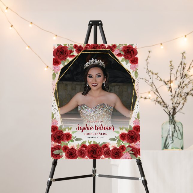 Burgundy Gold Floral Princess Quinceañera Photo Foam Board (In Situ (Stand))