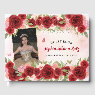 Burgundy Gold Floral Princess Quinceañera Photo Guest Book