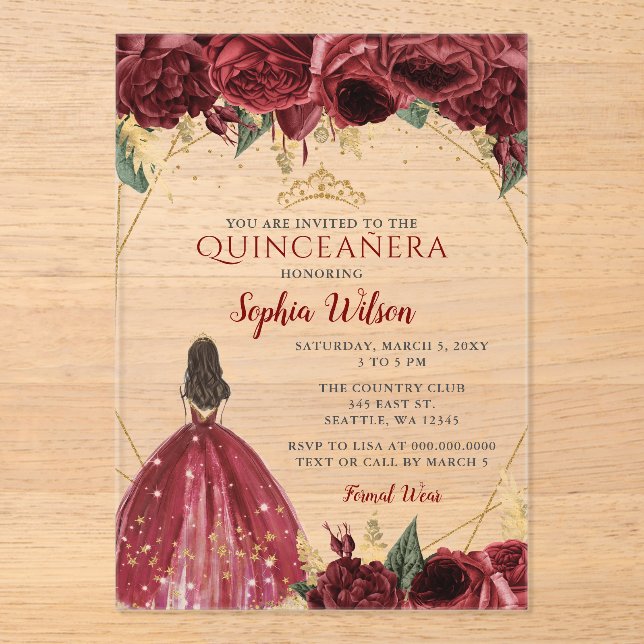 Burgundy Gold Floral Princess Quinceañera Quince I Acrylic Invitations (Front)