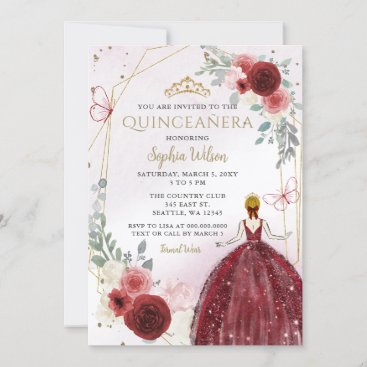 Burgundy Gold Floral Princess Quinceañera Quince Invitation