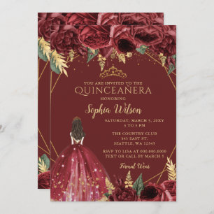 Burgundy Gold Floral Princess Quinceañera Quince Invitation