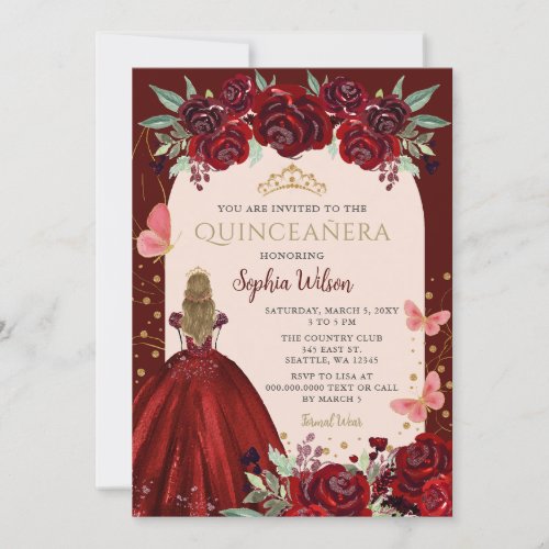 Burgundy Gold Floral Princess Quinceaera Quince Invitation