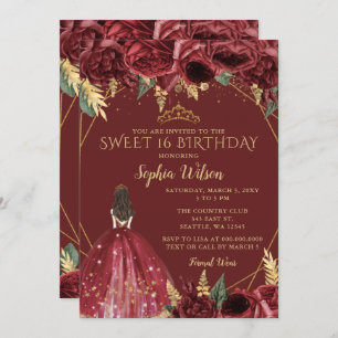 Burgundy Gold Floral Princess Sweet 16 Invitation