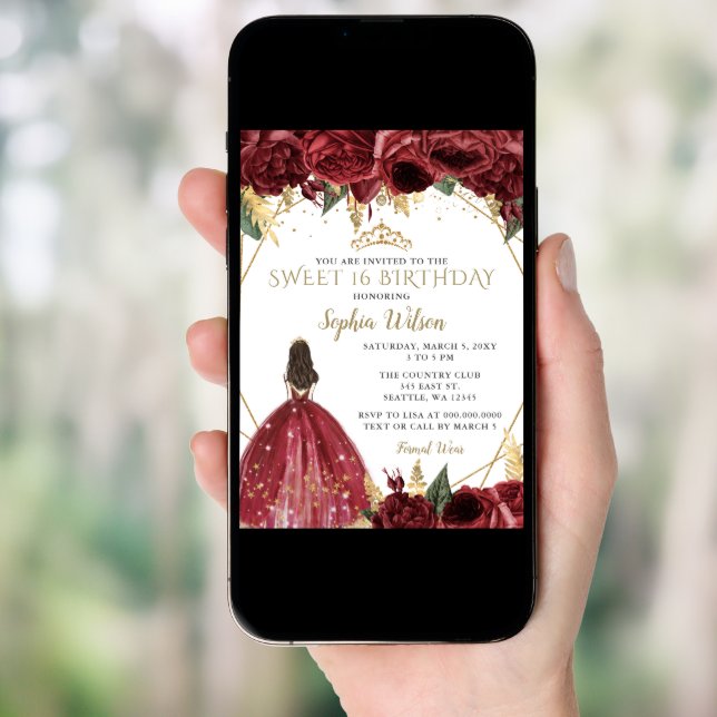 Burgundy Gold Floral Princess Sweet 16 Invitation (Front Digital)
