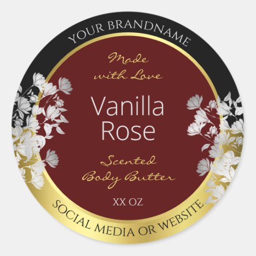Burgundy Gold Floral Product Labels Silver Flowers