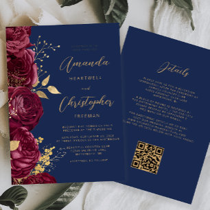 Burgundy Gold Floral QR Code Wedding Invitation