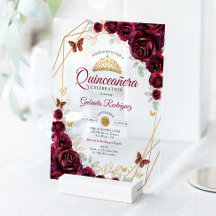 Burgundy Gold Floral Quinceanera
