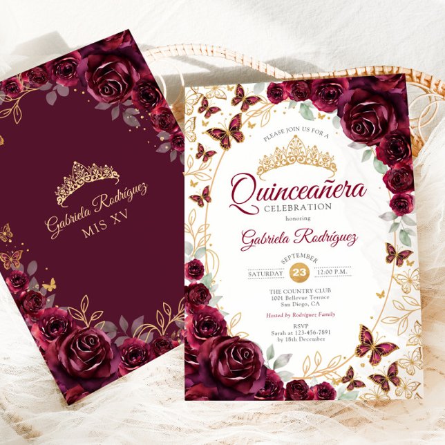 Burgundy Gold Floral Quinceanera Invitation (Creator Uploaded)