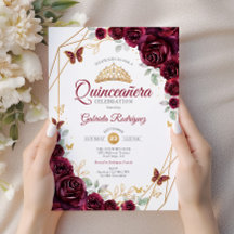 Burgundy Gold Floral Quinceanera